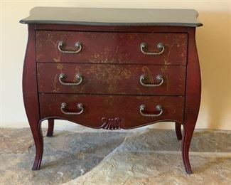 Marble Top Hand Painted Bombe Style 3 Drawer Dresser	32x36.5x17in	HxWxD