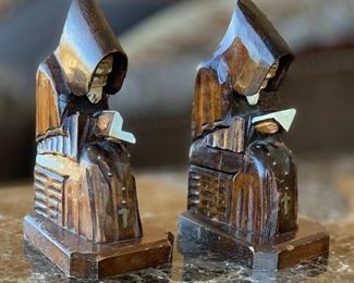 Carved Wood reading Monk Bookends	9in h	