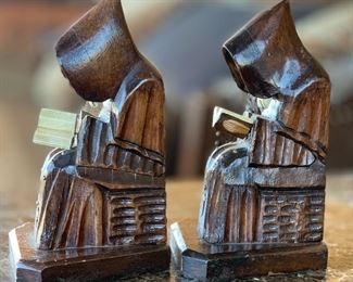Carved Wood reading Monk Bookends	9in h	