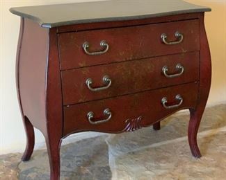 Marble Top Hand Painted Bombe Style 3 Drawer Dresser	32x36.5x17in	HxWxD