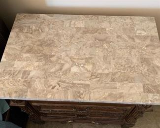 2pc Ornate Burlwood Slate Top Nightstands PAIR	31x34x22in	HxWxD