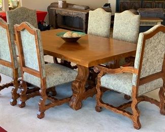 Hand Carved Rustic Dining Table w/ 6 Chairs	Table:  31x48x84in Chairs:48x26x28in	HxWxD
