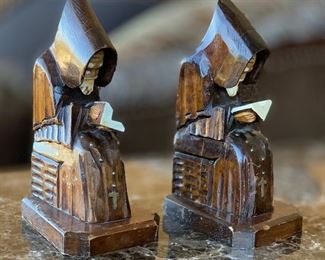 Carved Wood reading Monk Bookends	9in h