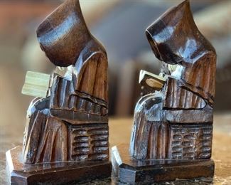 Carved Wood reading Monk Bookends	9in h