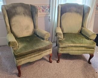 Pr Green Velvet Wingback Chairs