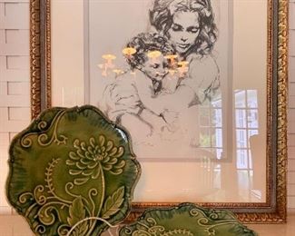 Item 11:  (2) Arhaus Furniture Set of 2 Decorative Green Wildflower Plates - 13": $40/pair