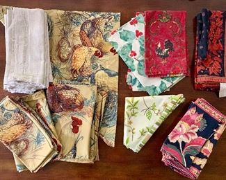 Item 30:  Lot of assorted napkins:  $22                                                        Includes:  8 linen, 8 floral, 9 chicken motif, assorted