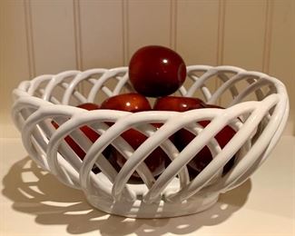 Item 64:  Williams and Sonoma Ceramic Bread Basket with wooden apples - 11" x 4.5": $24