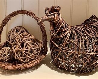 Item 376:  Woven twig chicken and basket with orbs:  $20                                                                                                              Twig chicken - 9"