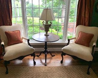 Item 82:  (2) Louis XV Style Walnut Arm chairs from the Wrigley Mansion with claw on ball feet & plush Scalamandre fabric - 29.5"l x 23.5"w x 37"h: $850