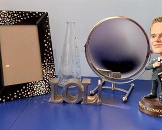 Item 270:  Lot of assorted items - picture frame, LOL sign, vanity mirror, and bobblehead:  $15