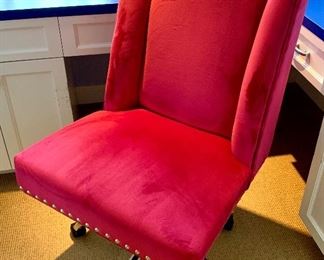 Item 99:  Pink velvet office chair, chrome legs, casters and nailhead trim - 24"l x 18.5"w x 37.25"h:  $165