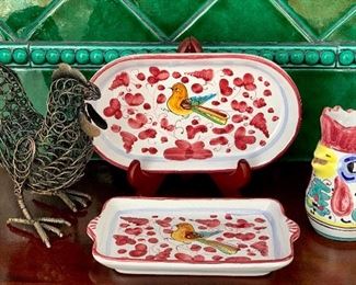 Item 385:  Wire chicken, (2) platters, and chicken creamer:  $38