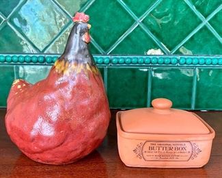 Item 151:  Decorative chicken & butter box:   $20                                                                       Chicken - 8"