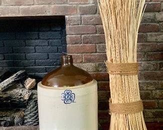 Item 134:  Antique Miller Pottery Five gallon stoneware jug - 18":  $95                                                                                      Item 156:  Pottery Barn wrapped straw:  $15