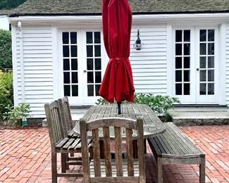 Item 222:  Smith & Hawken teak outdoor set:   $1400                                      Table - 105"l x 35.5"w x 28"h                                                                         Bench - 71"l x 17.75"w x 18"h                                                                       (4) Chairs - 19"l x 18.25"w x 36"h