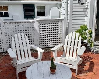Item 142:  L.L. Bean Adirondack all-weather chairs - 29"l x 19.25"w x 35.5"h (We have 7!):  $200/each                                     Item 143:  Walpole Furniture table (We have 2!) - 32" x 14.5": $75 each