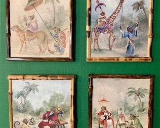 Item 165:  Ballard Design Bamboo framed monkey vignettes - 10.25" x 12":  Set of 4 - $125