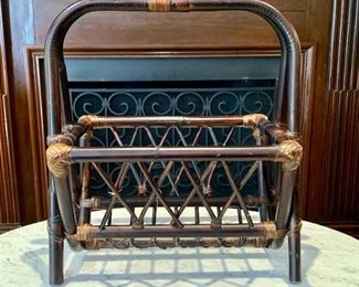 Item 177: Vintage  Palecek magazine rack with leather wrap detail - 18.5"l x 13"w x 20":  $145.00