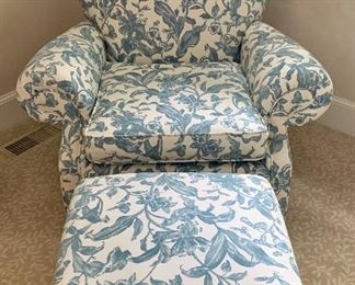 Item 195:  Upholstered chair & ottoman: $345.00                                             Chair - 39.5"l x 24"w x 34"h                                                                        Ottoman - 22.5"l x 19"w x 15"h