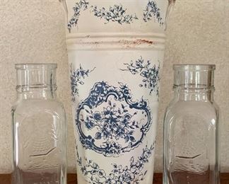 Item 207:  (2) Glass bottles & shabby chic urn:  $26                                   Tallest - 9.75"  