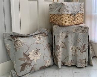 Item 210:  Restoration Hardware vanity seat, pillow and basket:                                                                                                                 Vanity seat - 15"l x 13.5"w x 18.5"h  ......$145.00