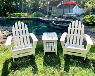 Item 142:  L.L. Bean Adirondack all-weather chairs - 29"l x 19.25"w x 35.5"h (We have 7!):  $200/each                                     Item 221:  L.L. Bean all-weather side table - 46.75"l x 18"w x 20"h:    $75
