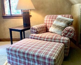 Item 330:  Upholstered Ethan Allen chair & ottoman:    $450 for pair                                                                                      Chair - 31"l x 21"w x 16"h                                                                                  Ottoman - 39"l x 24"w x 32"h