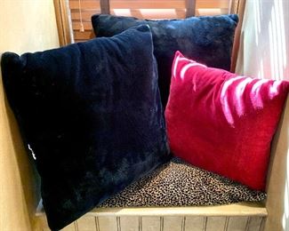 Item 337:  (2) Black (SOLD) & (1) red velour pillows:  $10                                            Black - 22" x 22"                                                                                                     Red - 16" x 16" 