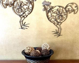 Item 318:  (2) Chickens and (1) bowl with decorative orbs:      $35                                                                                                                Tallest - 19.5" x 20"