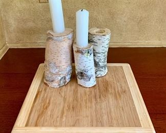 Item 358:  Cutting board & (3) rustic candle holders:  $24.00