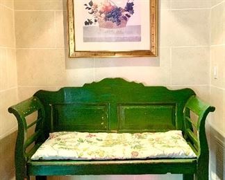 Item 335:  Green Painted Wood Bench - 50.75"l x 17.5"w x 39"h:  $225