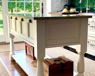 Item 349:  Kitchen island with spectacular light green granite- 70"l x 29"w x 36.5"h:  $800