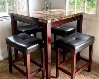 Item 347:  Table with faux granite top & (4) stools:     $375                                                                                                        
Table - 36"l x 36"w x 36.5"h                                                                              Stools - 20.5"l x 12.75"w x 23.75"h