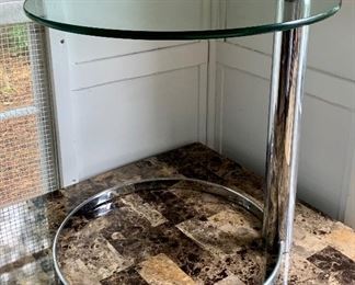 Item 348:  Glass top & chrome side table - 22" x 21":  $45
