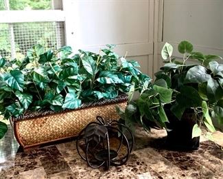 Item 425:  (2) Faux topiaries and metal pumpkin candle holder:    $24                                                                                                             Largest - 18" x 14"