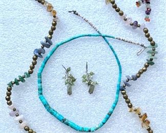 Two necklaces, turquoise and stone along with two pair of earrings: $25