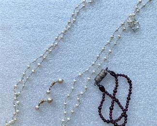 Long pearl necklace, matching earrings and carnelian bracelet with silver clasp: $20