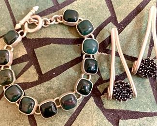 Sterling - heavy bracelet with green stones and neat vintage earrings - brutalist drop design: $48