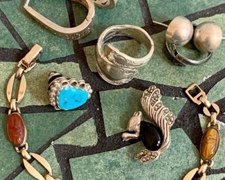 Lot of scarab bracelet, spoon ring, squirrel pin, turquoise pin, 2 pr. sterling earrings: $38
