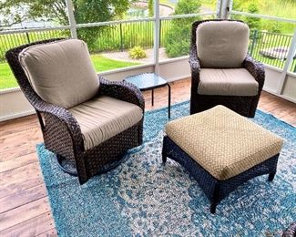Rattan / wicker outdoor patio swivel arm chairs and ottoman indoor outdoor rug