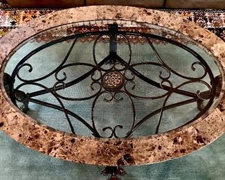 Iron & glass banded marble coffee table