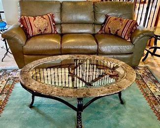 Leather sofa iron and stone coffee table