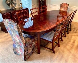Dining room set: dining table w/ 6 chairs, extra leaves, buffet and lighted curio hutch