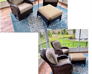 Wicker rattan outdoor patio seating set rattan chairs and ottoman. Indoor outdoor area rug