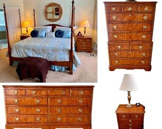 Drexel Yorkshire Yew wood banded ebony king bedroom set 
King size bed, dresser, highboy, 2- Nightstands