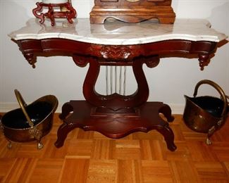 Mahogany marble top lyre table