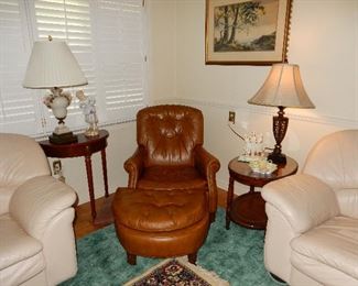 Brown leather recliner and ottoman