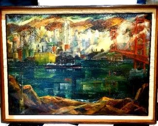 Large vintage 1950's oil on canvas by Olive Woodward...about 36x48 in size