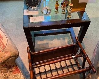 magazine rack $28 Dark wood square table $60